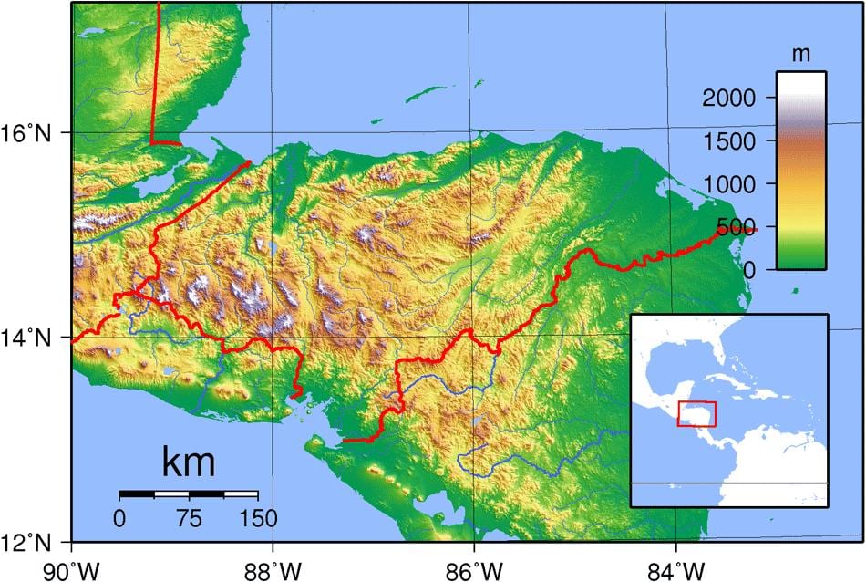 mapa topográfico de Honduras