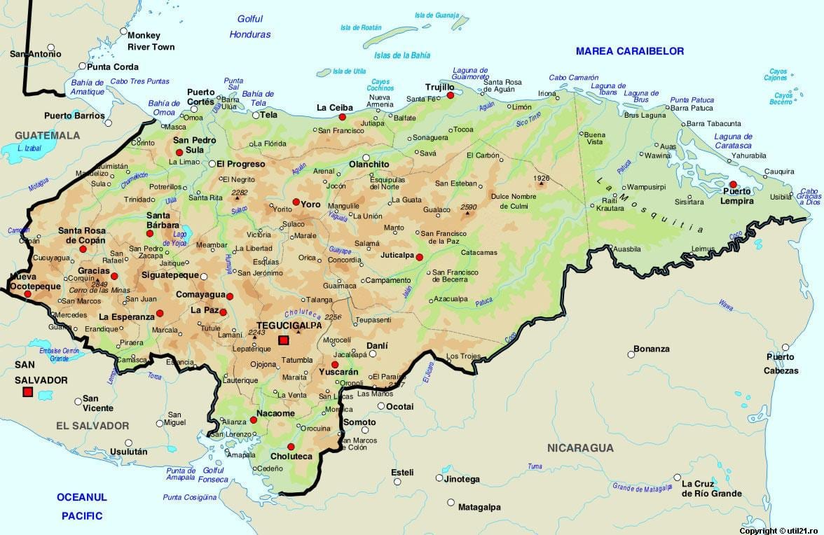 mapa de Honduras e os países veciños