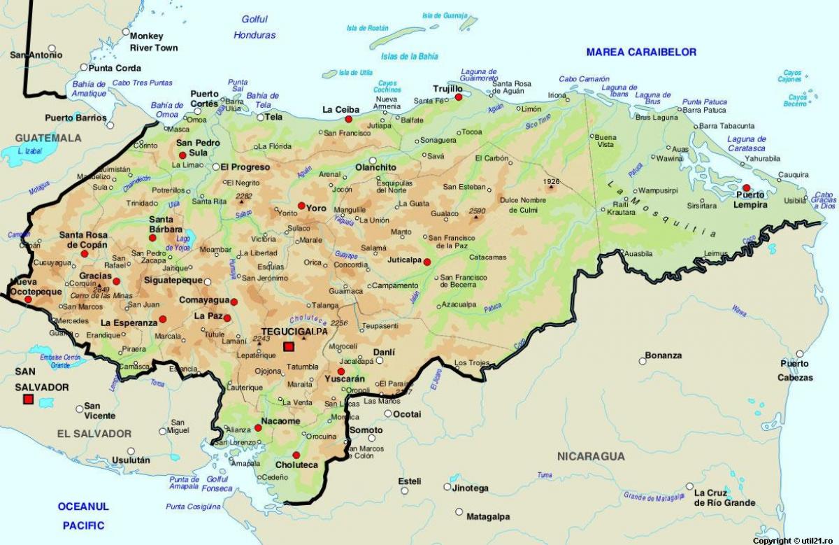 mapa de Honduras e os países veciños